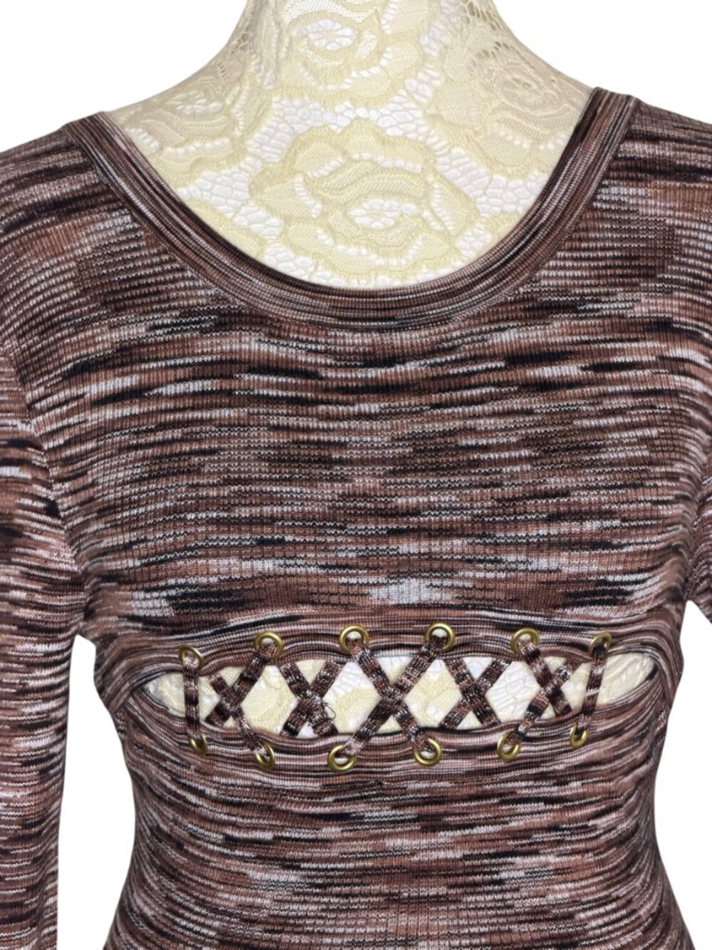 Guess Sweater Rib Knit Top Blouse Space Dye Brown Cream S NWOT - Picture 3 of 9